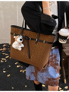Vintage leopard print large tote bag with black handles and plush bear charm for women