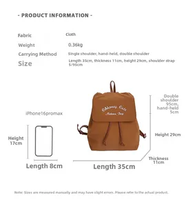 Detailed size chart for the casual backpack with dimensions and phone size comparison