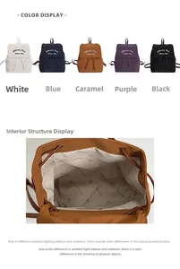 Detail view of colorful fashion backpacks showing interior lining and five color variants