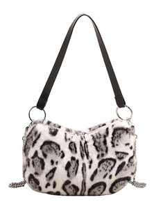 Faux fur leopard print shoulder bag with black strap and silver chain detail