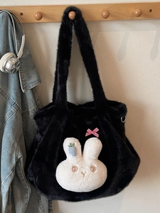 Women Plush Tote Bag Large Capacity Soft Faux Fur Shoulder Bag With Cute Cartoon Rabbit Decor For Autumn Winter Daily Use