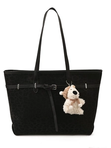 Vintage black leopard embossed tote bag with teddy bear charm and long handle straps