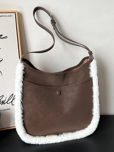 Borsa a Spalla da Donna in Pelle Scamosciata Retrò Con Finiture in Pelliccia di Nicchia Semplice Borsa a Tracolla Invernale