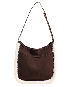 Borsa sottobraccio in pelle scamosciata marrone vintage con bordo in finta pelliccia