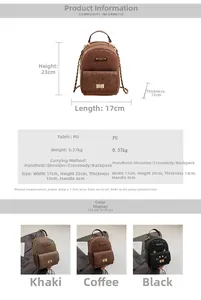 Detailed size and weight chart for a cat-eared mini PU backpack showing 17x23x13cm dimensions