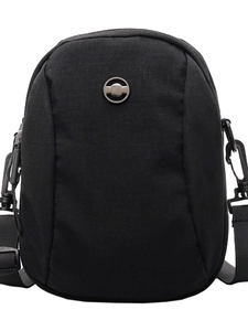 Minimalist black nylon crossbody phone bag with adjustable strap and metal logo