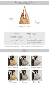 Size chart showing large rainbow woven tote bag dimensions 40x38x3cm with strap details