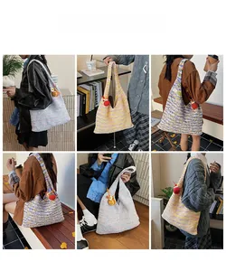 Collage of colorful rainbow knit tote bags with fruit charms shown on various outfits