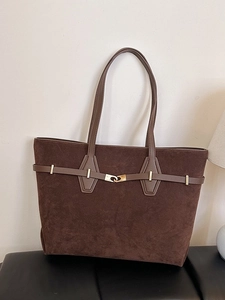 Large Capacity Suede Tote Bag For Women Vintage Commuter Shoulder Bag With Metal Buckle Solid Color Underarm Bag Fashion Handbag