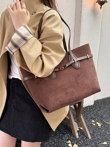 Brown suede tote bag with metal buckle, retro large capacity shoulder bag for autumn winter