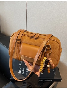 Vintage brown frosted pillow bag with suede texture and wooden beads for women