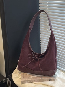 Vintage burgundy tote bag with large capacity and elegant bow detail for women