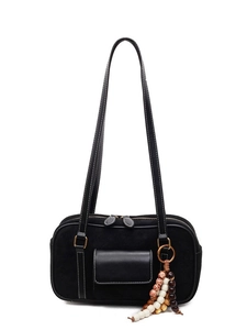 Black frosted matte vintage shoulder bag with large capacity and ethnic beaded charm