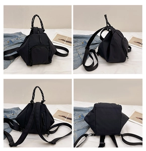 Detailed views of a black waterproof nylon mini backpack with a braided cord handle