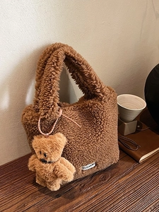 Borsa a Secchiello in Peluche Donna Ciondolo Orsetto Lana di Agnello Sintetica Tracolla Morbida Borsa a Mano Quotidiana