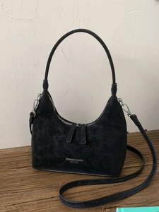 Retro black matte suede dumpling hobo bag with top handle and detachable shoulder strap