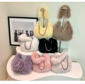 Detailed close-up of colorful plush hobo bags with metallic bead chain straps in 7 shades