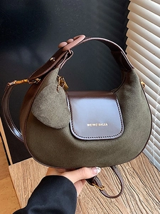 Women Vintage Frosted PU Leather Crossbody Bag Contrast Color Half Moon Hobo Bag Small Shoulder Purse With Heart Charm