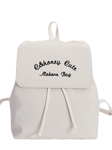 Fashionable cream white synthetic leather backpack with drawstring closure and flap design