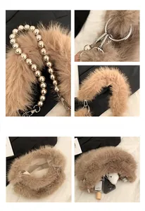 Detail of plush shoulder bag featuring faux fur texture and large gold bead strap buckle