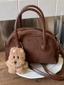 Vintage Maillard Boston Bag Women Suede Texture PU Leather Handbag With Plush Charm Retro Shoulder Satchel Bag Autumn Winter Fashion Bag