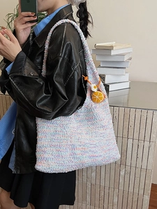 Rainbow knit tote bag with orange charm for women, colorful crochet shoulder handbag