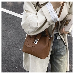 Brown lychee leather crossbody bag with silver buckle and cute dog charm detail