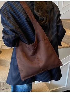 Brown faux suede hobo shoulder bag with large capacity tote design for casual office wear