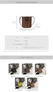 Size guide for PU leather bucket bag showing height 19cm and width 18cm with leopard print