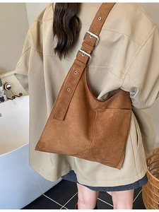 Brown faux suede large bucket tote bag with adjustable strap for vintage office wear