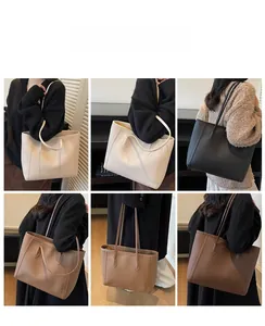 Collage of chic leather tote bags in various colors showing shoulder carry and fit