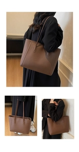 Detail of a brown lychee pattern leather tote bag with thin shoulder straps on a model