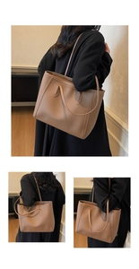Detail showing dual handles and lychee grain texture of the taupe commuter tote bag
