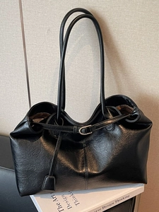 Women Minimalist PU Leather Tote Bag Large Capacity Vintage Shoulder Bag With Buckle Decor Elegant Commuter Handbag