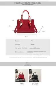 Detailed chart showing red PU bridal handbag dimensions, weight, and multiple carrying styles