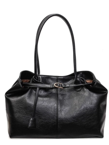 Minimalist black oil wax leather tote bag with gold horsebit buckle and long straps
