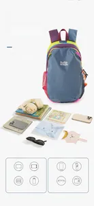 Detail view of contrast color nylon backpack with organized tech and travel essentials