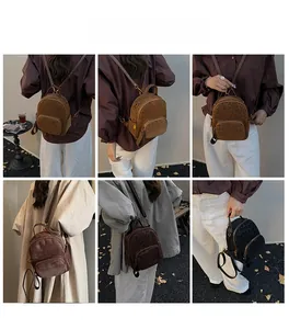 Detailed views of leopard print mini backpack with adjustable straps on a model