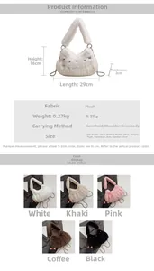 Detailed size chart for plush shoulder bag with star rivets showing dimensions and colors