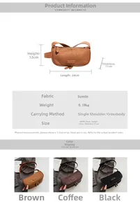 Size chart for suede crossbody bag showing 24x12x11cm dimensions and color options