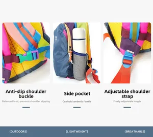 Detail view of colorful outdoor backpack showing anti-slip buckles and mesh side pockets