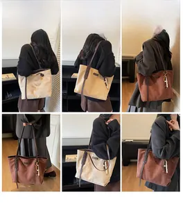 Detailed views of a minimalist large tote bag with suede texture and decorative charm pendant
