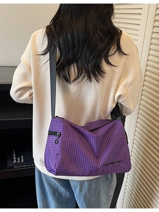 Purple plaid canvas crossbody bag with adjustable wide shoulder strap for daily commute