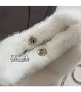 Detail of magnetic snap closure and silver chain on white faux fur shoulder bag