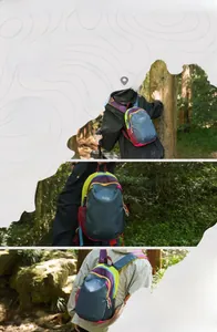 Three lifestyle scenes showing the multi-color hiking backpack in forest environments