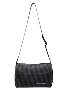 Black plaid canvas crossbody bag with adjustable strap and mountain line logo print