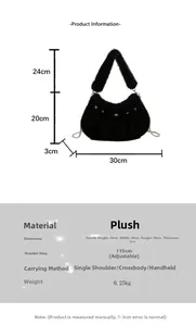 Dimensions détaillées du sac d'épaule en peluche noire avec étoile et bandoulière