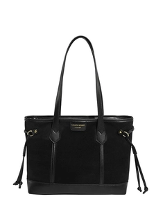 Classic black suede and leather tote bag with gold lettering and slim shoulder straps