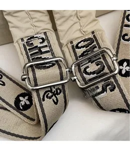 Close-up of jacquard nylon shoulder strap with silver metal buckles for travel backpack