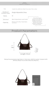 Detailed size chart of brown faux suede handbag showing 33x8x15cm dimensions and strap length